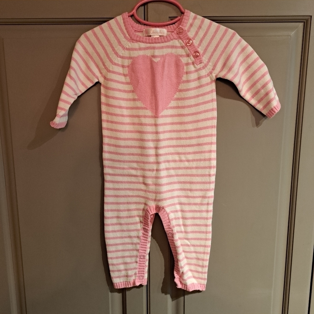 Cherokee pink and white knit romper with heart size 9 months